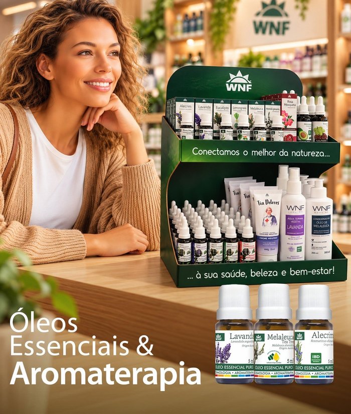 Óleos Essenciais & Aromaterapia: óleos essenciais WNF de lavanda, melaleuca e alecrim e o expositor da marca